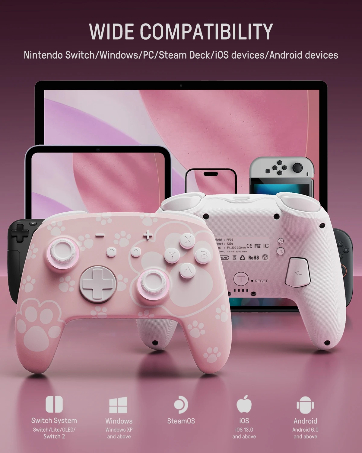 Luminous Pink Cat Paw Switch Pro Controller - Image 3