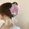 Pink Gauze Flower Rhinestone Long Fringe Hair Claw - Image 5