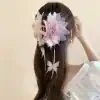 Pink Gauze Flower Rhinestone Long Fringe Hair Claw - Image 3