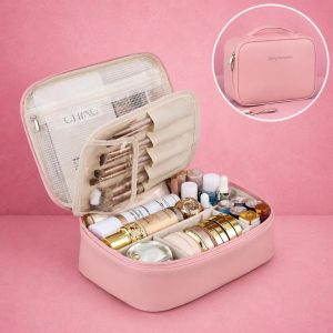 Double-Layer Pink Cosmetic Travel Organizer