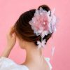 Pink Gauze Flower Rhinestone Long Fringe Hair Claw