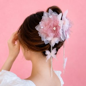 Pink Gauze Flower Rhinestone Long Fringe Hair Claw