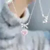 Elegant Pink Crystal Bow Necklace, Dainty Heart Pendant Jewelry - Image 4