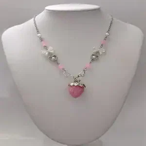 Cute Pink Strawberry Charm Necklace, Sweet Y2K Pendant Jewelry