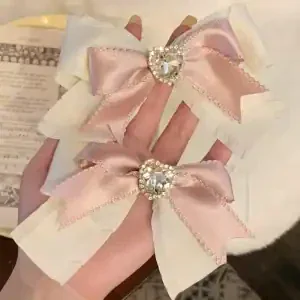 Elegant Pink Ribbon Bow Hair Clip, Sparkly Heart Barrette