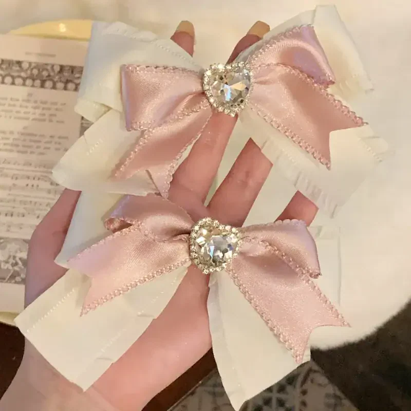 Elegant Pink Ribbon Bow Hair Clip, Sparkly Heart Barrette