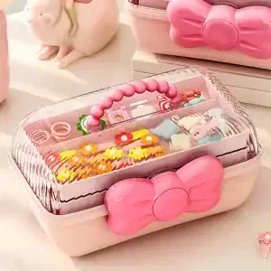 Pink Bow Hair Accessories Storage Box – Portable Organizer for Clips, Scrunchies & Hair Ties