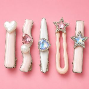 Cute Pink Hair Clip Set, Trendy Rhinestone & Bow Barrettes