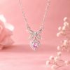 Elegant Pink Crystal Bow Necklace, Dainty Heart Pendant Jewelry