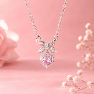 Elegant Pink Crystal Bow Necklace, Dainty Heart Pendant Jewelry