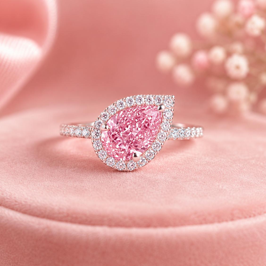 Elegant Pink Teardrop Crystal Ring, Sparkling Zircon Statement Jewelry