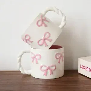 Pink Bow Ceramic Mug – Twisted Handle Coffee Cup (13oz)